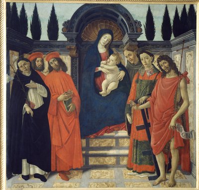 Die Jungfrau und das Kind mit St. Johannes dem Täufer, St. Damian und St. Cosmo von Sandro Botticelli